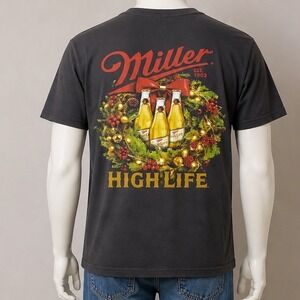 Miller High Life Mens Holiday Christmas Wreath Graphic T-Shirt Gray XXL New